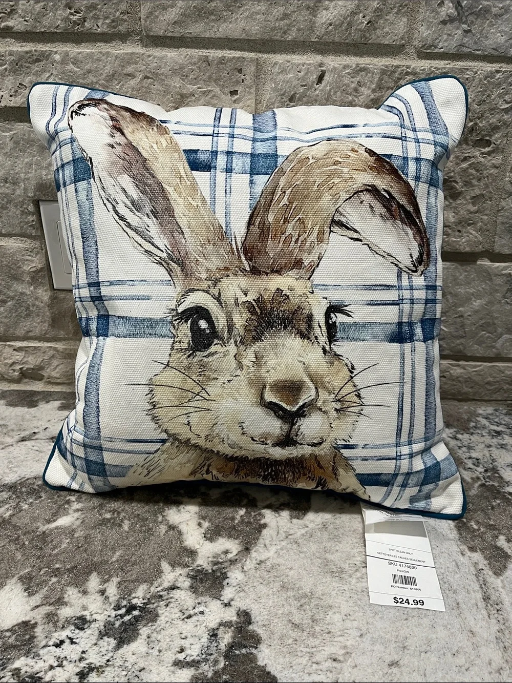 NEW Pier 1 Blue and White Bunny Plaid Holiday Pillow